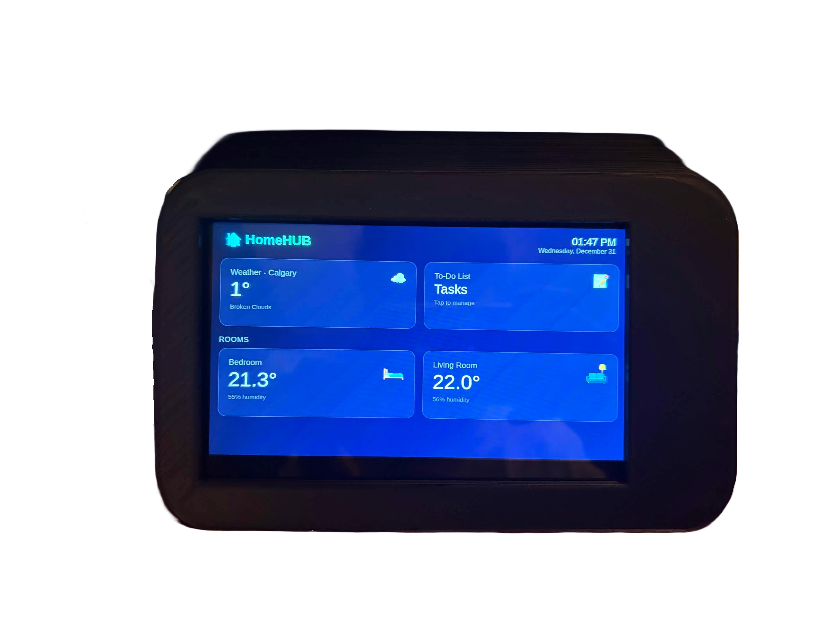 Custom-built smart home hub displaying temperature, weather, and task widgets