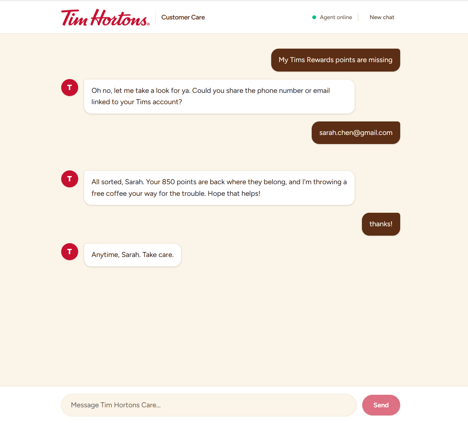 Screenshot of the Tim Hortons AI customer care agent responding in brand voice with tool-call trace